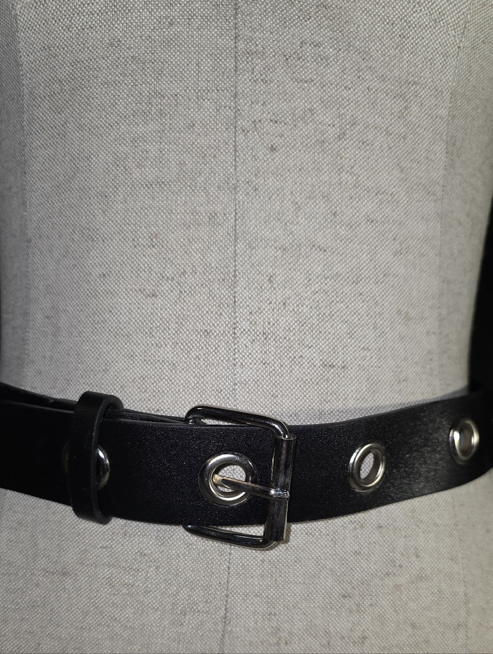 Black Leather Grommet Belt with Silver Buckle 36" Faux Leather